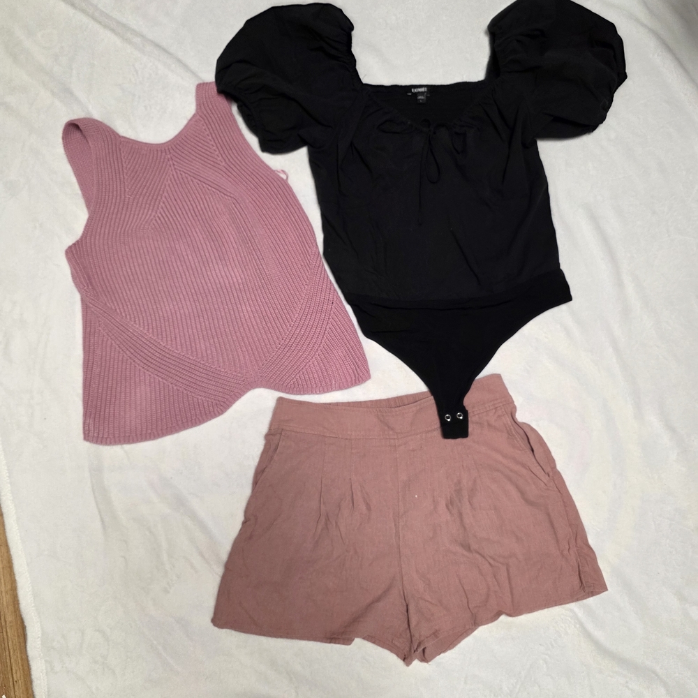Express Black Puff-Sleeve Square-Neck Bodysuit with Front Tie